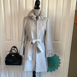 Zara Women's Light Grey Ruffle Collar and Cuff Wool Blend Coat